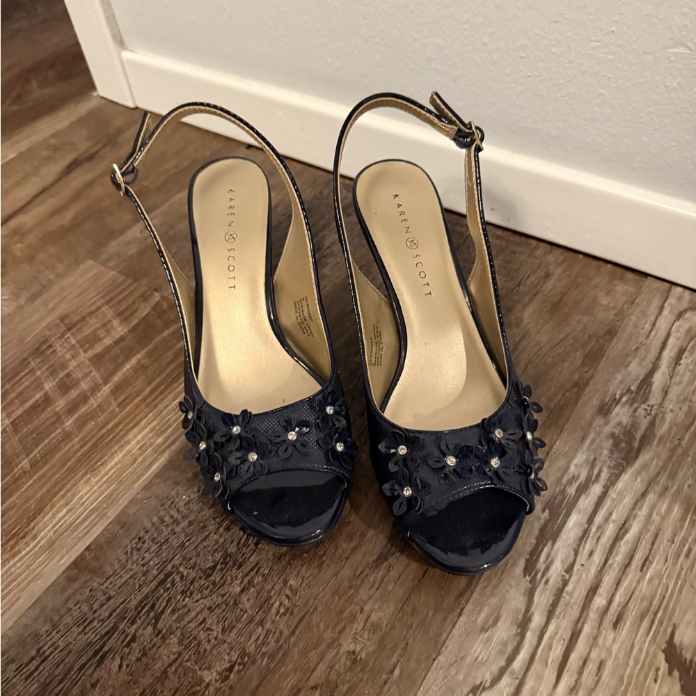 Karen Scott Navy Embellished Slingback Heels